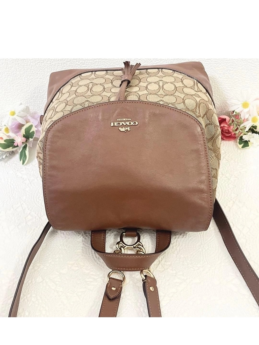 Coach Brown Signature Canvas & Leather Flap Backpack -Elle - Picture 2 of 10